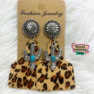 Leopard Leather Cowhide Ear Tag Cactus w/Turquoise Stone Western Drop Earrings